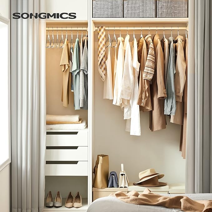 SONGMICS Clothes Hangers, Pack of 50 Plastic Coat Hangers, Space-Saving, 0.2 Inches Thick, 17.7 Inches Wide, 360° Swivel Hook, Cloud White and Dark Gray UCRP050W50