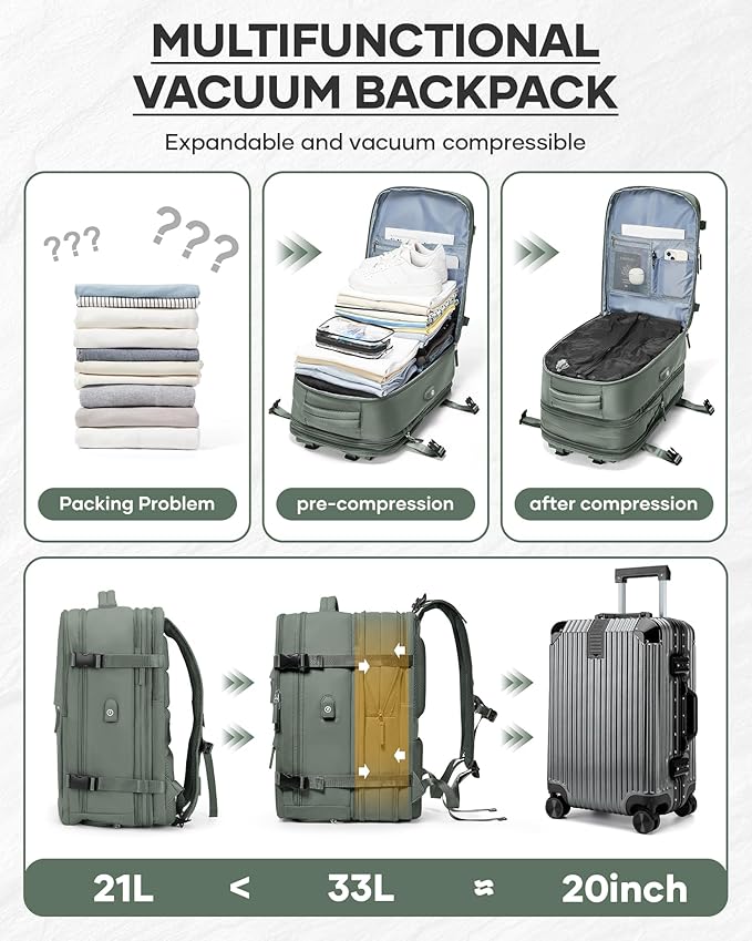 Vacuum Backpack With Vacuum Compression,Expanded Travel Laptop Backpacks For Women Men,Carry On Backpack Vacpack Backpacks With Pump Seal Packing, Personal Item Travel Bag Olive Green