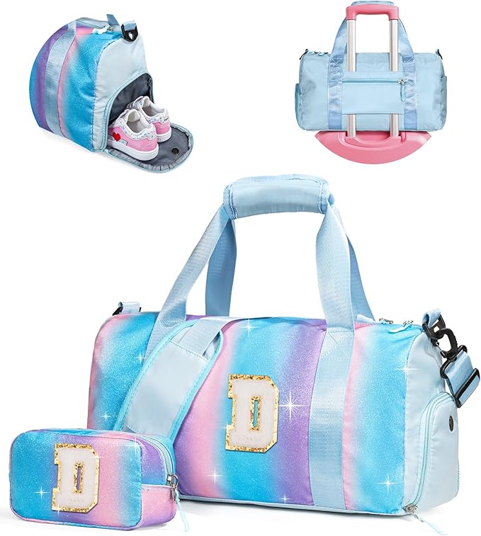 Cute Preppy Gifts for Girls-Girl Gym Bag with Shoe Compartment, Kid Personalized Weekender Overnight Bags, Initial Travel Tote with Makeup Pouch, Chenille Gift for Teen (Letter D)