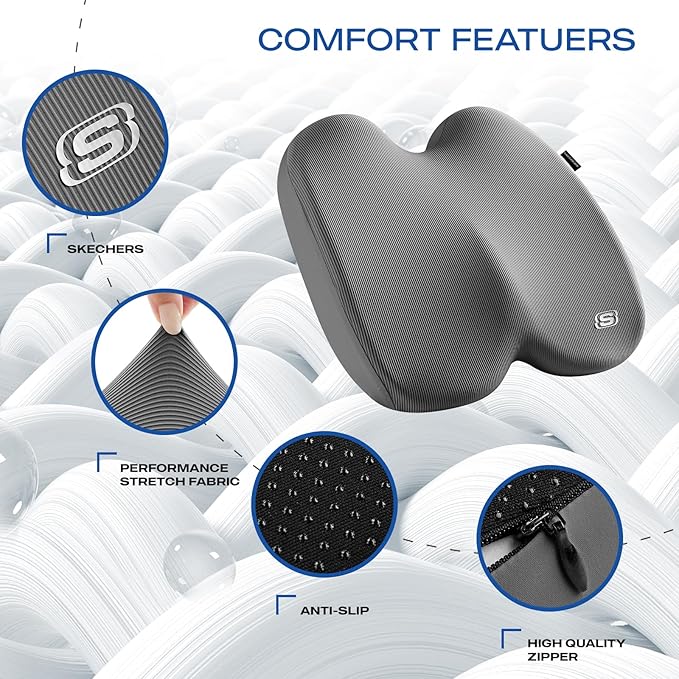 Skechers Memory Foam Seat Cushion,Ribbed Fabric Office Chair Cushion for Tailbone Pain Relief,Butt Pillow for Office Chair,Car Seat Cushion,Long Sitting Office Workers,and Car Drivers,Gray