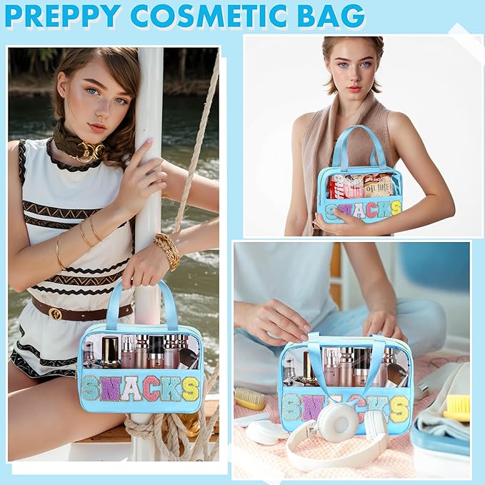 Snack Bag for Travel - Chenille Letter Clear Makeup Bag, Large Preppy Patch Snack Cosmetic Bag with Handle and Zipper, Cute Makeup Pouch Nylon&PVC Waterproof Toiletry Organizer Storage for Women Girls