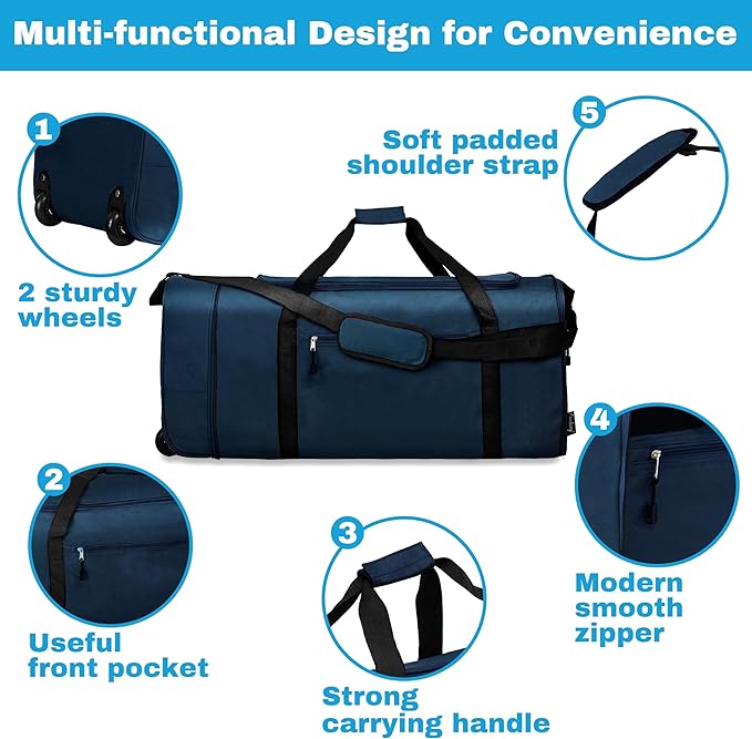 Finnhomy 100L Foldable Rolling Duffel Bag with 2 Wheels, Light Weight Travel Duffel bag with Large Loading Capacity, 32 inch Rolling Duffel bag with Shoulder Strap for Travel Camping Sports, Dark Blue