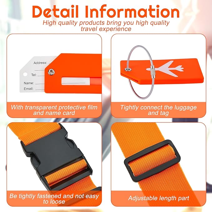 Weewooday 8 Pcs Luggage Straps Suitcase Tags Set for TSA Approved, 4 Travel Adjustable Suitcase Belt, 4 Silicone Luggage Tags with Name ID Card Travel Accessories(Orange,Airplane)