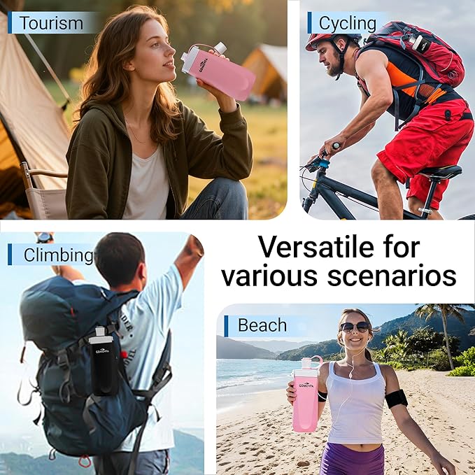 Collapsible Water Bottles,20oz Reusable Silicone Foldable Water Bottle,Portable Leak-proof Travel Water Bottle for Traveling Camping Hiking Cycling Yoga Sports Outdoor (Pink)