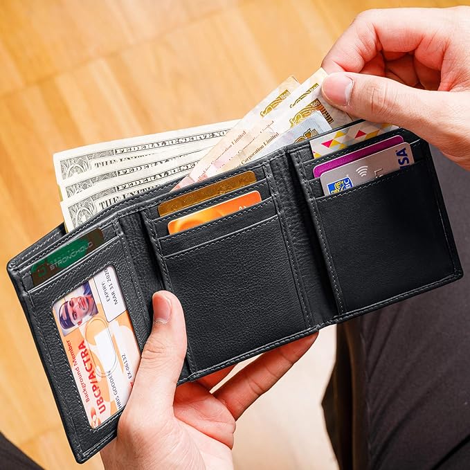 ID Stronghold Men's Leather Trifold Wallet - RFID Blocking - Black Wallet with Gift Box