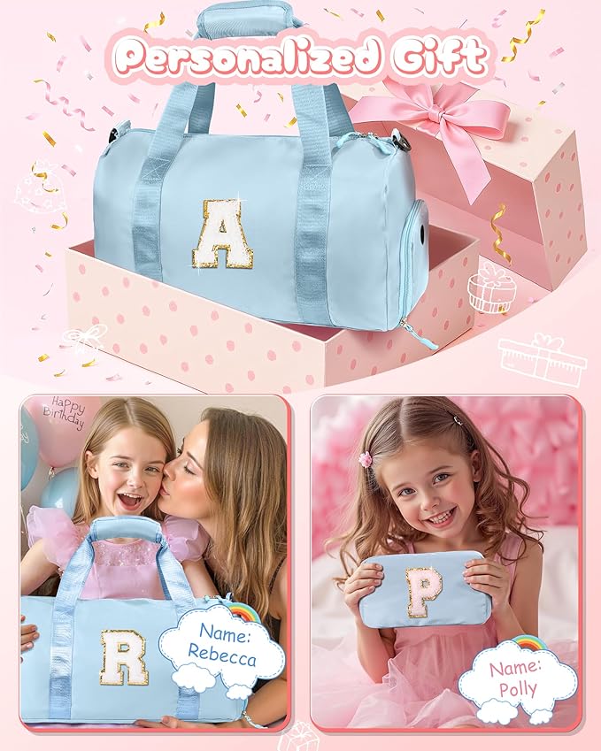Gifts for 3 4 5 6 7 8 9 10 Year Old Girls-Girl Gym Bag with Shoe Compartment, Kid Personalized Weekender Overnight Bags, Initial Travel Tote with Makeup Pouch, Gift Ideas for Kids (Letter M)