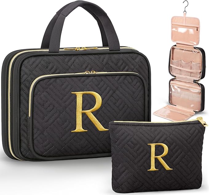 Personalized Gifts for Women, Initial Toiletry Bag Hanging Travel Organizer & Makeup Cosmetic Bag with Embroidery Letter Teacher Appreciation Gift Birthday Mothers Day Gifts for Mom Wife Friend Sister
