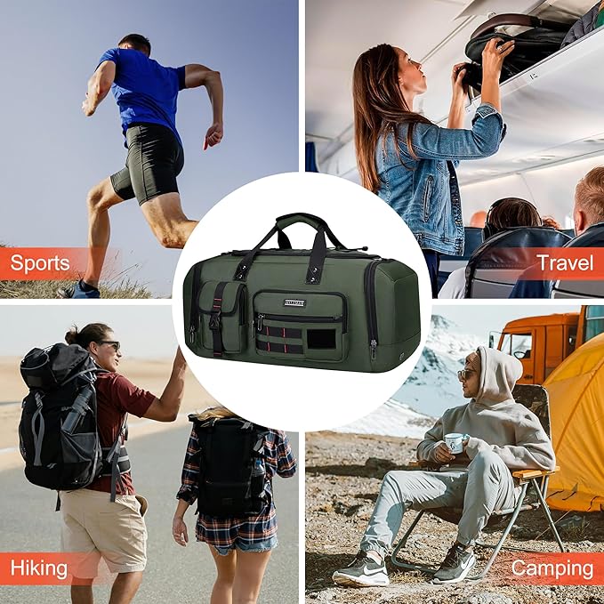 WITZMAN Travel Duffel Bags for Men Large Carry On Weekender Overnight Bag 3 in 1 Backpack with Shoe Compartment (B693 Army Green）