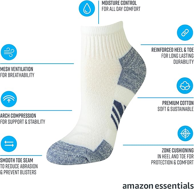 Amazon Essentials Ankle Compression Socks for Women, Breathable, Athletic, Cotton Blend, Cushioned, 6 Pairs