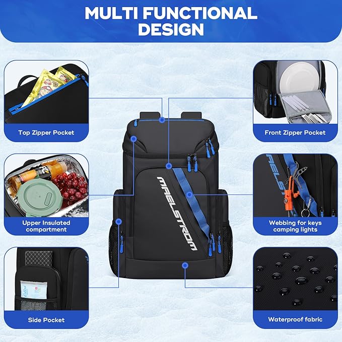 Maelstrom Backpack Cooler,36 Can Cooler Backpack,Soft Cooler Bag Insulated Leakproof,Lightweight Ice Chest Backpack,Travel Cooler Lunch Backpack for Camping,Hiking,Beach,Black