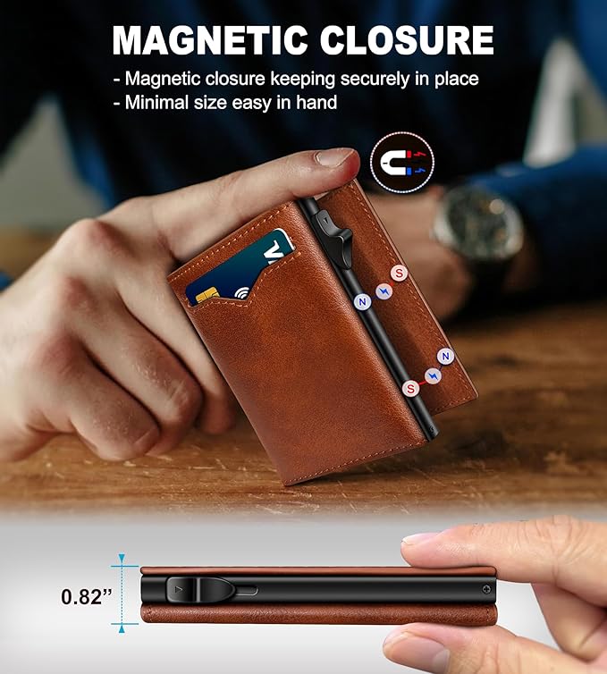 Wallet for Men,with Cash Pocket 2 ID Window 9-13 Cards,Metal Case Smart Slim Pop Up Credit Card Holder Flip with Magnetic Closure RFID Blocking Trifold wallet with Gift Box