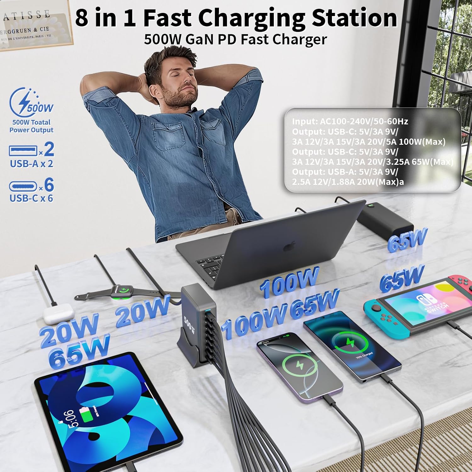 USB C Charger Block, 500W GaN 8 Port USBC Charging Station USB Hub Block Cube with PD3.0 Type C & USB A Wall Charger Power Adapter for Multiple Devices Apple iPhone 17/16/15,MacBook Pro/Air,iPad-Black