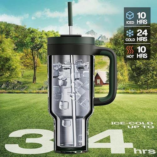 40 oz Camo Tumbler with Handle, 2-in-1 Straw and Sip Lid, Leakproof, Dishwasher Safe, Insulated Stainless Steel Travel Coffee Mug, Keeps Cold for 34 Hours, Fits in Car Cupholder (Woodland Flag)