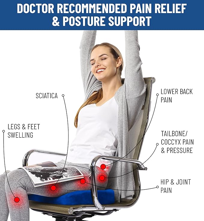 Everlasting Comfort Doctor Recommended Memory Foam Seat Cushion for Office Chairs & Car Seat - Ergonomic Office Desk Accessories for Tailbone Pain Relief, Sciatica & Back Support
