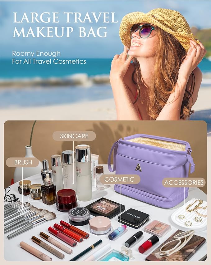 Travel Essentials for Friends Female Mom, Personalized Makeup Bag, Double Layer Cosmetic Bag with Makeup Brush Organizer, Waterproof, Large Capacity PU Leather Toiletry Bag Customized Gifts