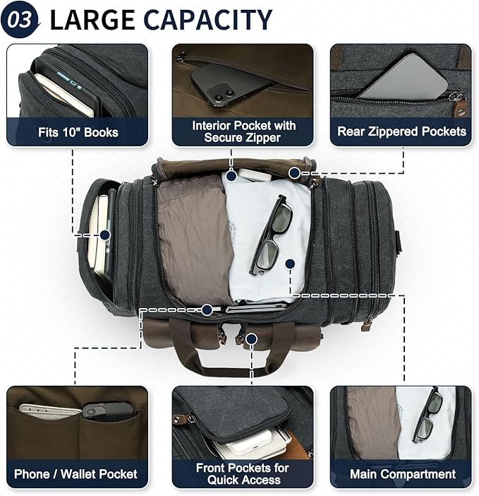 Canvas Duffle Bag with Genuine Leather Accents, Expandable 20-23 Inch Travel Weekender, Multiple Pockets, Black