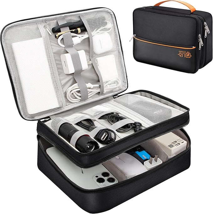 SELLYFELLY Electronics Travel Organizer, Double Layer Cable Organizer Bag Watreproof Electronics Accessories Storage Bag for Cord, Charger, Phone, Power Bank, Hard Drive