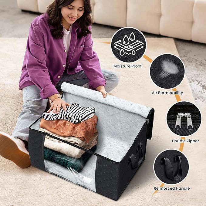 Fab totes 3 Pack Clothes Storage, Foldable Thick Fabric Blanket Storage Bags, Containers for Organizing Bedroom, Closet, Clothing, Comforter,Closet Organization with Handle,Black