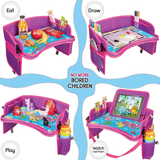Kids Travel Tray - Waterproof Lap Table with No-Drop Large Tablet Holder - Car Seat Tray - Road Trip Essentials Kids - Car Desk Organizer for Airplane - Toddler Travel Essentials (Pink)