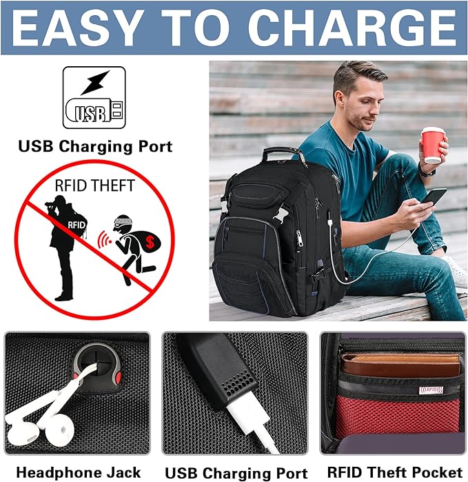 18.4 Inch Laptop Backpack,Extra Large Travel Backpack with USB Charger Port for Men Women,60L Big Capacity Heavy Duty Computer Bag TSA Friendly RFID Anti Theft Pocket Backbag,21.2*15.5*11.5 inch Blue