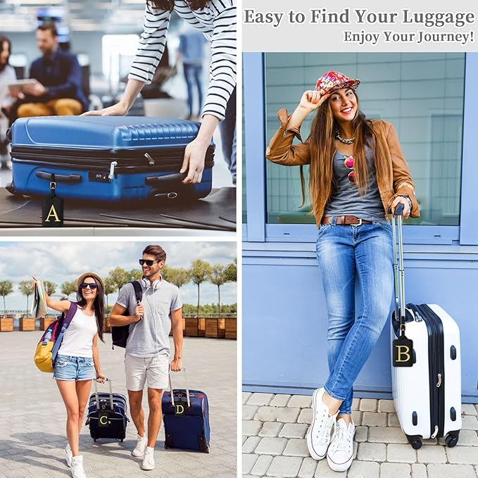 Personalized Initial Luggage Tags for Suitcase TSA Approved, Black Leather Cute Luggage Tag with Privacy Cover Name Card, Embroidered Custom Luggage Tags Travel Backpack Tags Gifts for Women Kids(M)