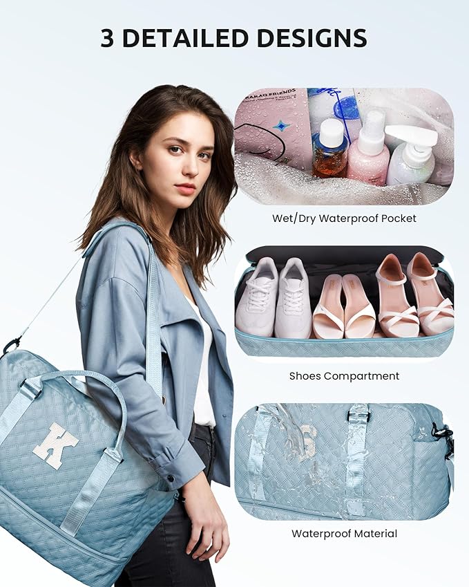 Voguewood Girl Duffle Bag for Tweens with Shoe Compartment, Monogrammed Overnight Travel Bag for Women, Including Wet Pocket & Trolley Sleeve (Letter K)