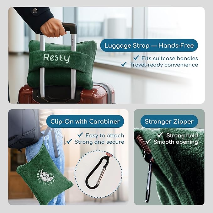 Resty 65"x40" Traveling Airplane Blanket, Forest Green – Lightweight, Velvety Soft Blanket That Becomes a Travel Pillow – Must-Have Comfort for Planes & Road Trips – Travel Essentials for Women & Men