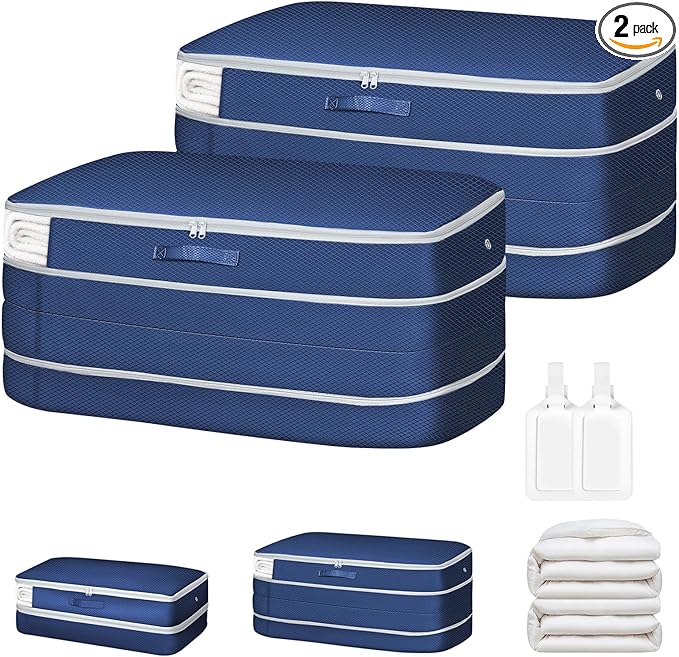 Comforter Storage Bag - Large Capacity Bedding Storage Bags Ultra Space Saving Self Compression Organizer, Washable Compression Bags for Storage Comforter Blanket Duvet, 2-Pack, Navy Blue