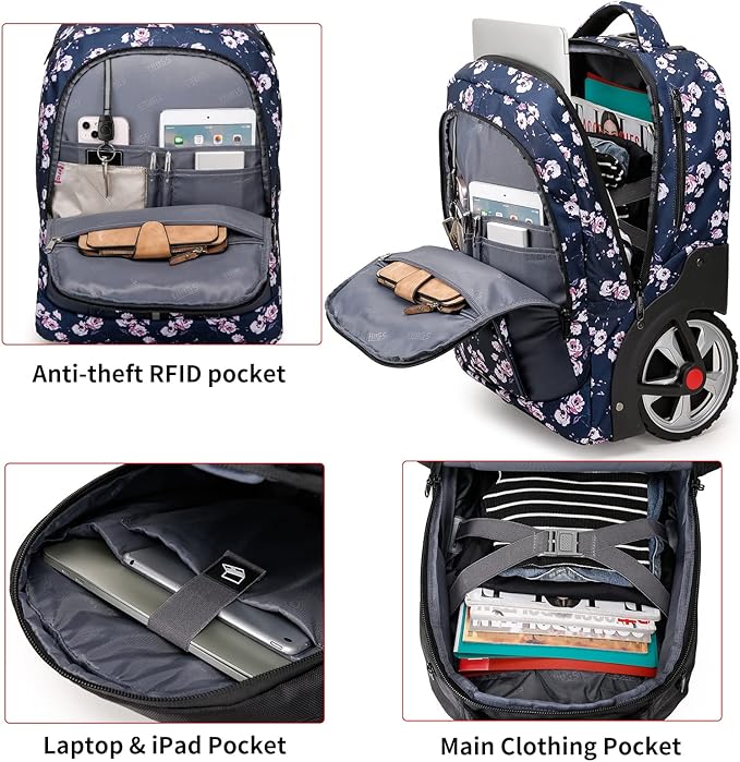 Rolling Backpack,Waterproof Backpack with Wheels for Business and Travel Commuter, Carry on Backpack with Laptop Compartment, Fit 17 Inch Laptop, Wheeled Backpack for Adults