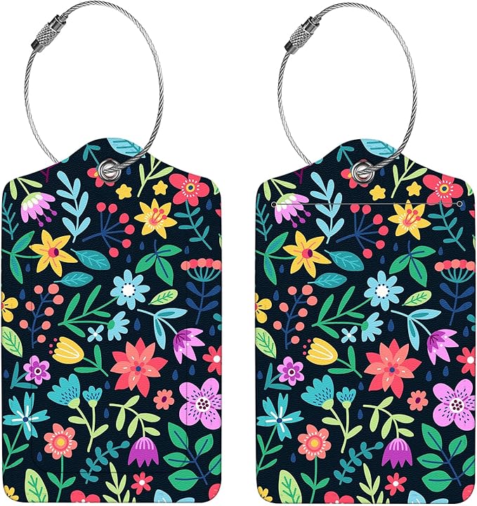 2 Pcs Luggage Tags for Suitcase, Cute Unique PU Leather Travel Bag Tag with Privacy Cover ID Label Address Card and Durable Metal Ring Suitable for Men Women Children Backpack,Crushed Flower