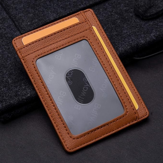 Buffway Slim Minimalist Front Pocket RFID Blocking Leather Wallets for Men and Women - Lichee Light Brown