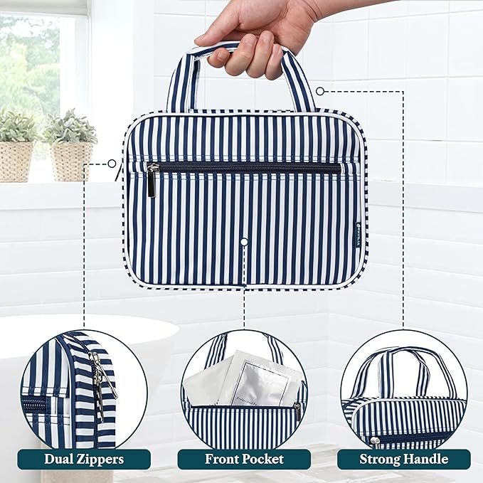 PAVILIA Hanging Toiletry Bag Travel Bag Women Men, Foldable Cosmetic Organizer, Roll up Makeup Bag, Water Resistant Accessories Toiletries, Large Travel Essentials Kit (Navy Polka Dot)