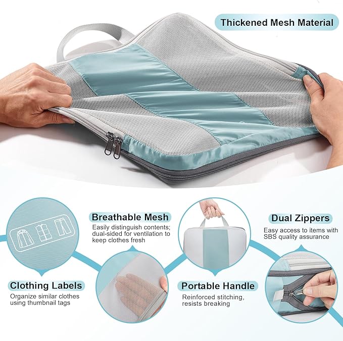 10 Set Compression Packing Cubes for Travel Essentials,Compressible Expandable Packing Cubes for Suitcase,OlarHike Luggage Organizer Bags for Travel,Handy Helper for Organizing Clothes(Blue Gray)