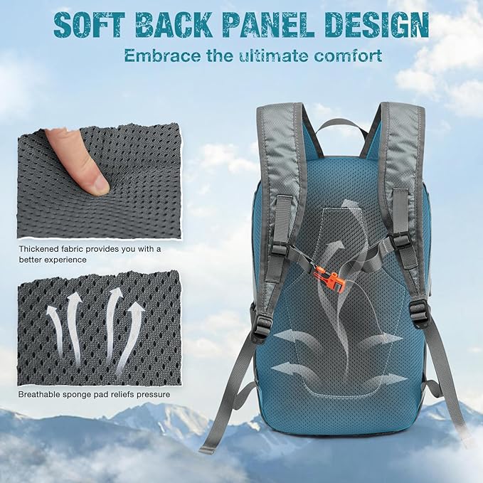 G4Free Packable Hiking Backpack 20L Lightweight Foldable Travel Daypack with Thickened Back Panel for Men Women(Grey)