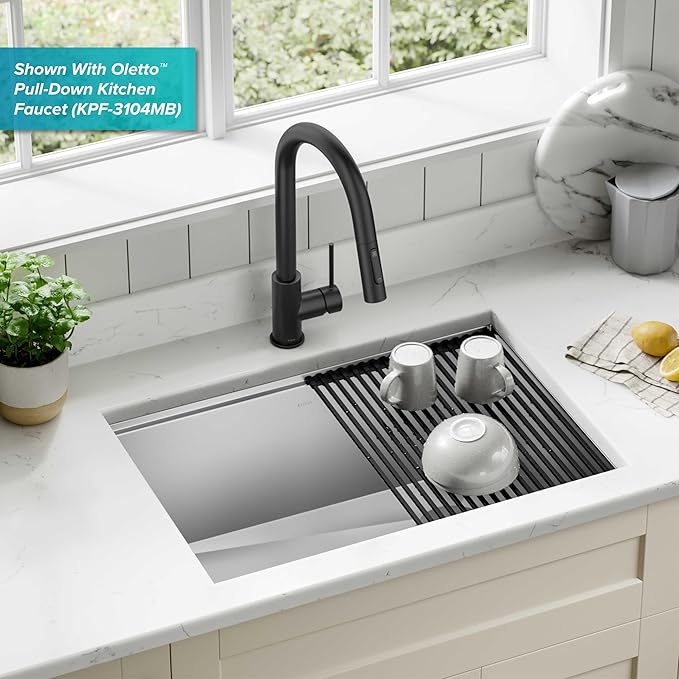 KRAUS Kore 27-Inch Undermount Workstation 16 Gauge Single Bowl Stainless Steel Kitchen Sink with Accessories, KWU110-27