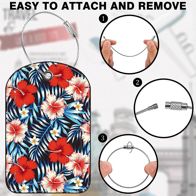 2 PCS Leather Luggage Tag for Suitcase Palm Leaves and Hibiscus Flower Travel Suitcase Labels with Privacy Name ID Label and Stainless Steel Loop for Adults Teens Travel Bag Labels Set