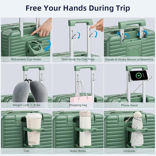 28 Inch Luggage Hard Shell Suitcases, Expandable Travel Checked Luggage 28 Inch, Large Check In Luggage with Spinner Wheels Cup Holder Charger Built in Lightweight Suitcase, Forest Green