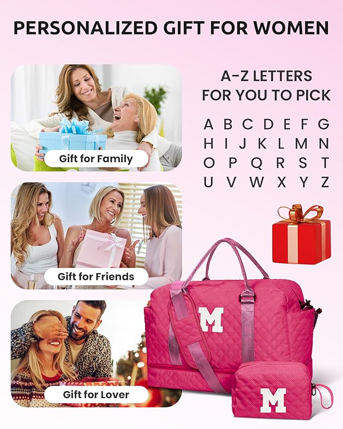 Gifts for Girls 12-14, Birthday Gift-Initial Travel Bag with Shoe Compartment, Personalized Weekender Bag, Monogram Overnight Bag for Women, Letter Travel Bag with Makeup Bag (Letter T)