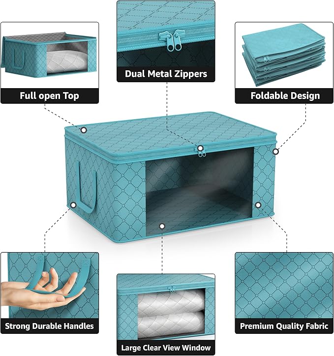 Sorbus Foldable Storage Bag Organizers, Large Clear Window & Carry Handles, Great for Clothes, Blankets, Closets, Bedrooms, and more (3-Pack, Aqua)