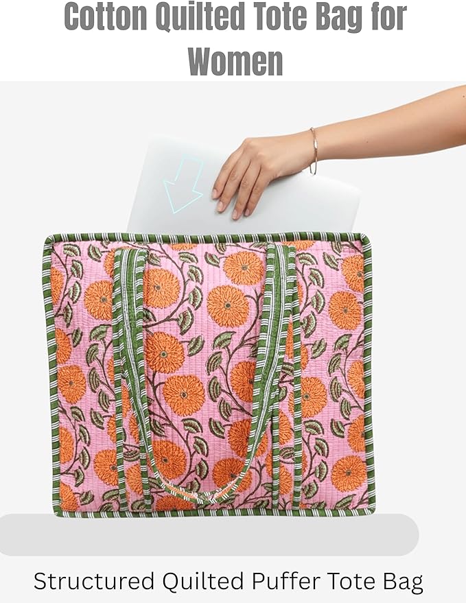 Cotton Quilted Tote Bag for Women – Large Beach & Travel Tote with Zipper, Reusable Grocery Bag