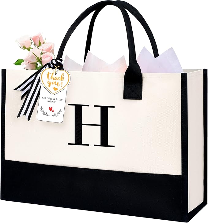 BAGAIL Initial Tote Bag, Personalized Birthday Gifts for Women, Teacher, Friends, Mom, Wedding, Monogrammed Beach Bag