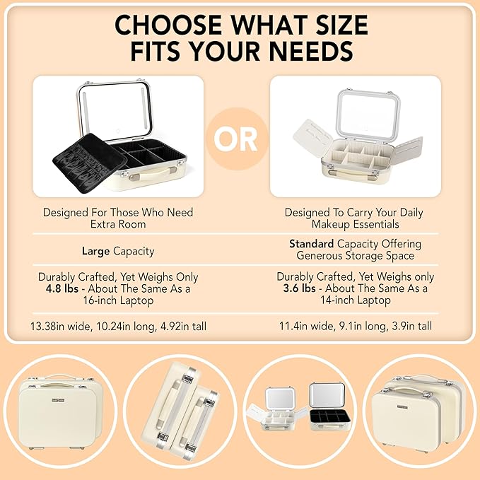 Lighted Makeup Case with Mirror - Large Size 13.4" x 10.2" - Travel Makeup Case With Mirror - Rechargeable LED Travel Vanity Case with Adjustable Brightness - Train Case Makeup Bag - White