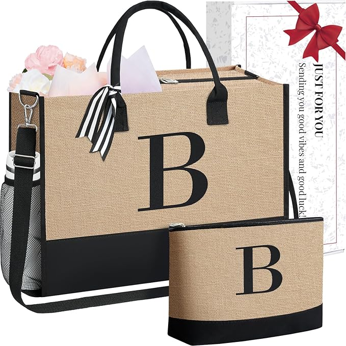 BAGAIL Initial Tote Bag, Personalized Birthday Gifts for Women, Teacher, Friends, Mom, Wedding, Monogrammed Beach Bag