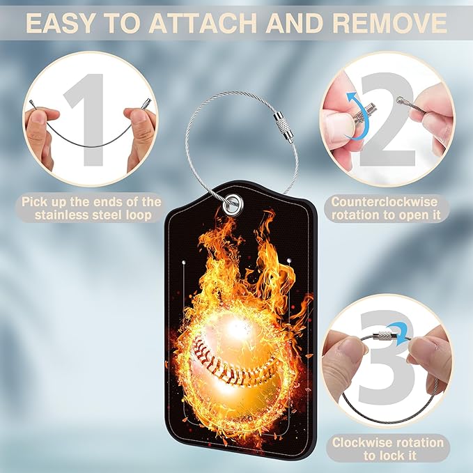 2 Pcs Baseball on Fire Luggage Tags for Suitcases PU Leather Baggage Tags Name ID Label with Privacy Cover and Stainless Steel Loop for Men Women Travel Bag Suitcase