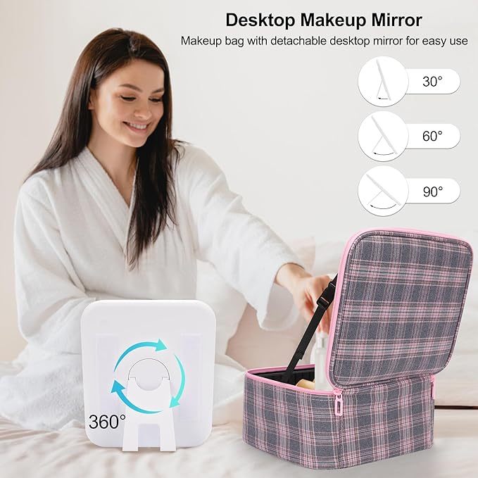 Makeup Bag With LED Mirror, Travel Makeup Case with Light up Mirror Large Cosmetic Case with 3 Color Lighted Portable Organizer Bag with Adjustable Dividers(Pink/Grey Stripes-Canvas, Small)
