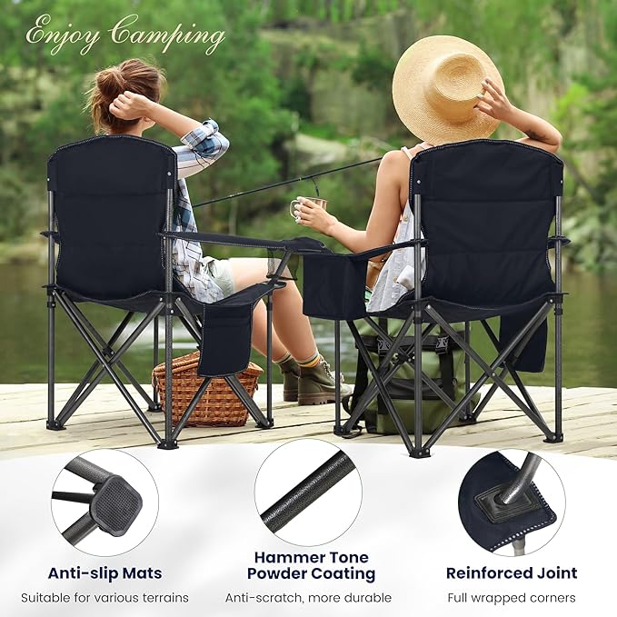 HIGH POINT SPORTS Oversized Camping Folding Chair, Heavy Duty Portable Outdoor Chair, Foldable Camp Chair with Cup Holder and Cooler Bag Support 450 LBS, 2 Pack, Green