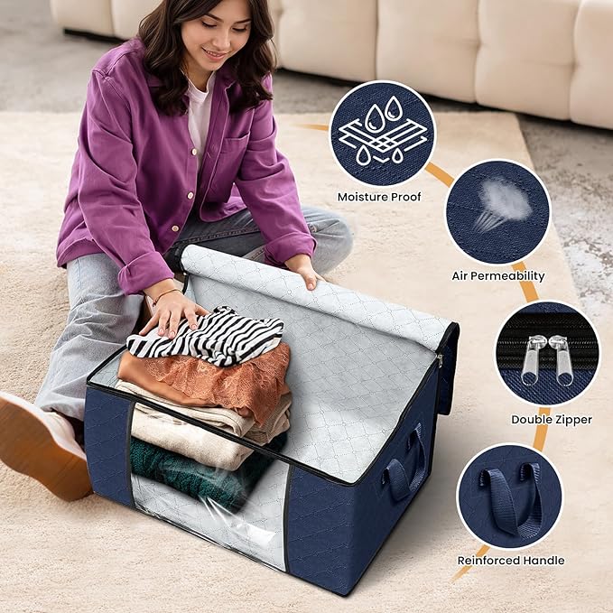 Fab totes 8 Pack Clothes Storage, Foldable Thick Fabric Blanket Storage Bags, Containers for Organizing Bedroom, Closet, Clothing, Comforter,Closet Organization with Handle,Blue