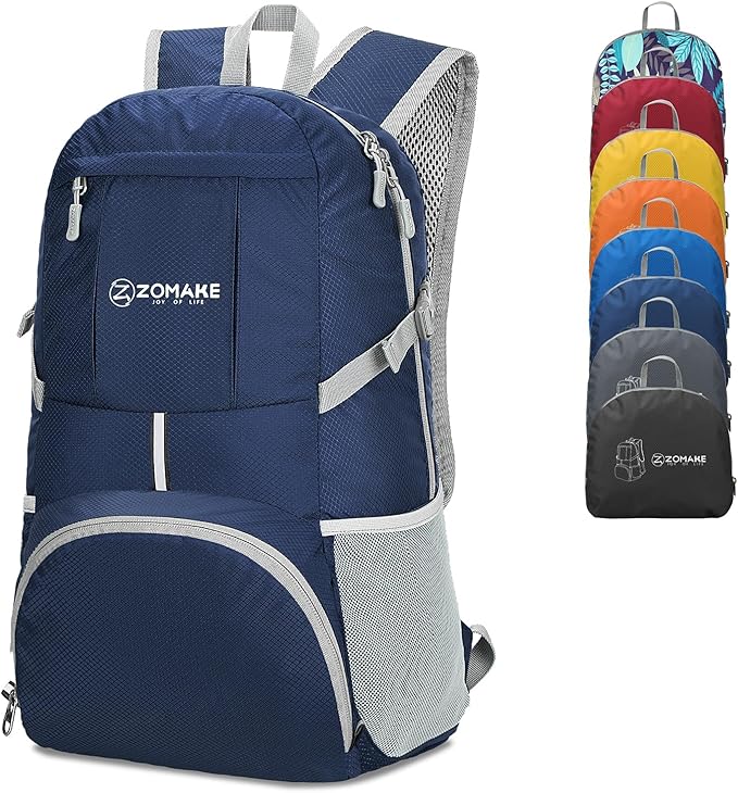 ZOMAKE Lightweight Packable Backpack 35L, Light Foldable Backpacks Water Resistant Collapsible Hiking Bag, Compact Folding Day Pack for Travel Camping(Navy Blue)