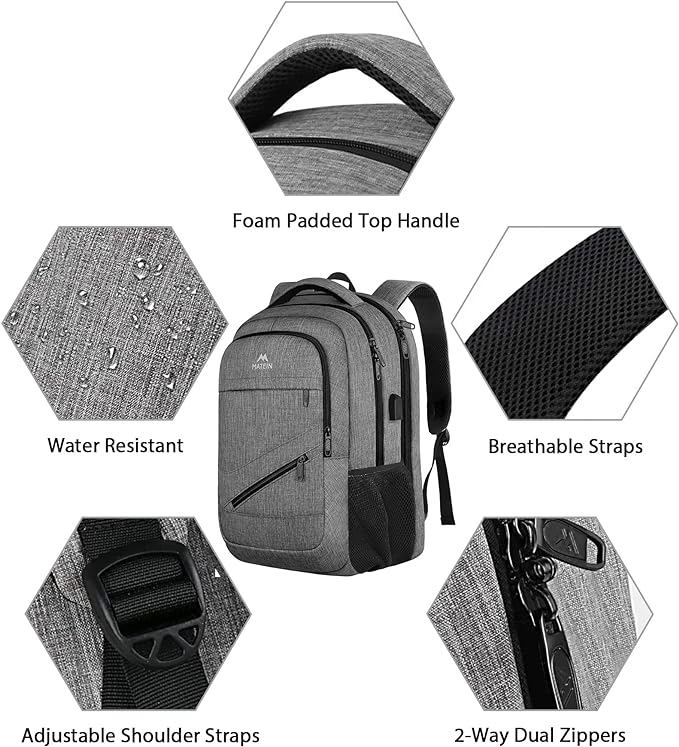MATEIN Travel Laptop Backpack, 17 Inch Work TSA Approved Carry on Backpack, Large Computer Business Bag for Men Women with USB Port and Trolley Sleeve, College School Rucksack Book Bag, Grey