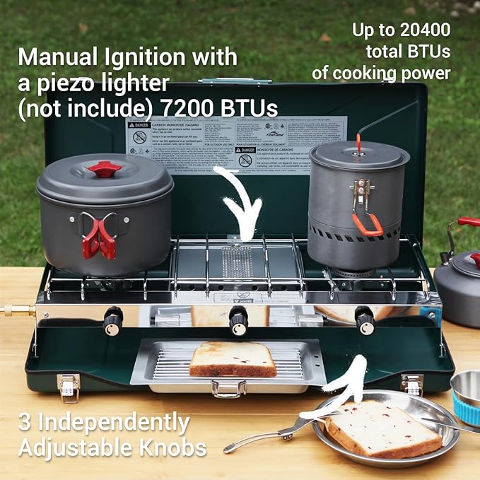 Camping Stove, 3 Burners Propane Portable Camp Stove with Regulator, Push-Button Instant Ignition, Adjustable Burners & Wind Guards for Car BBQ Picnics Outdoor Cooking (GREEN-20400 BTUs)